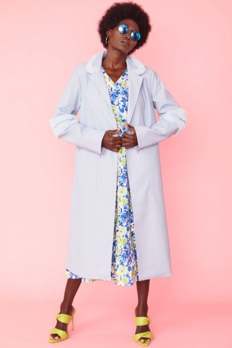 Pastel Blue Maxi Coat in Faux Suede with Faux Fur Trim