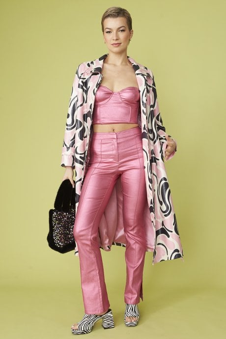 Pink and Black Eco Faux Suede Swirl Print Trench Coat