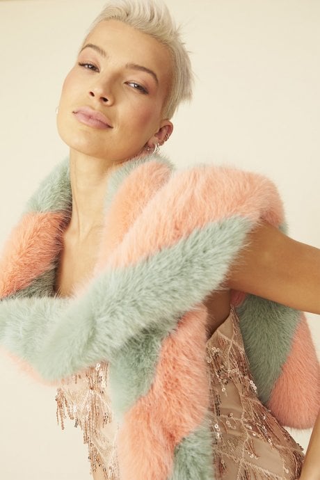 Pink and Green Faux Fur Barber Style Scarf