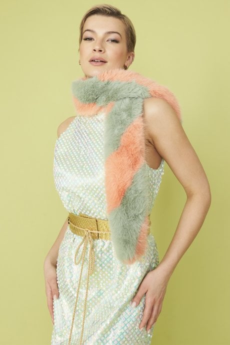 Pink and Green Faux Fur Barber Style Scarf