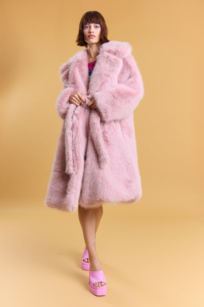 JAYLEY Pink Bamboo Blend Faux Fur Coat