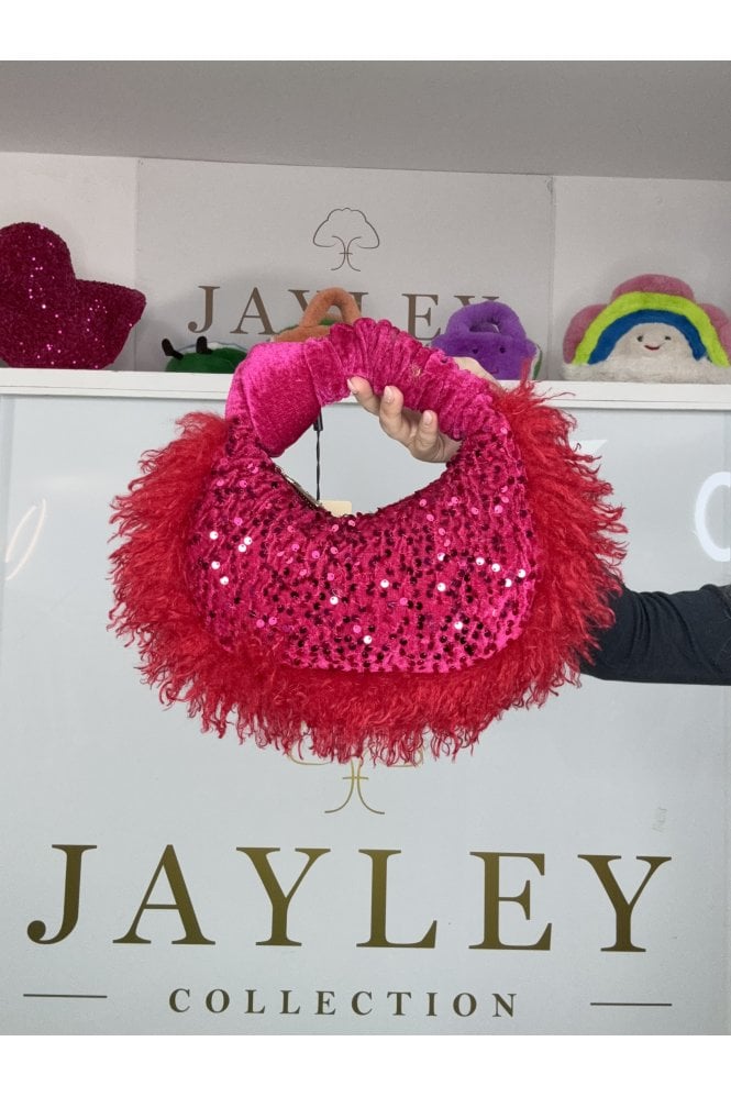 JAYLEY Pink Bamboo Faux Fur Trim Sequin Tote Bag