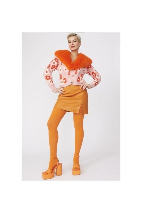 Pink Banana Peel Floral Cardigan with Faux Fur Collar