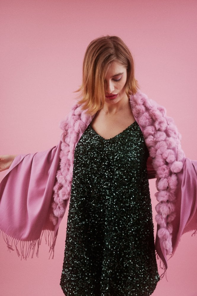 JAYLEY Pink Cashmere and Silk with Coney Fur Pom Pom Wrap