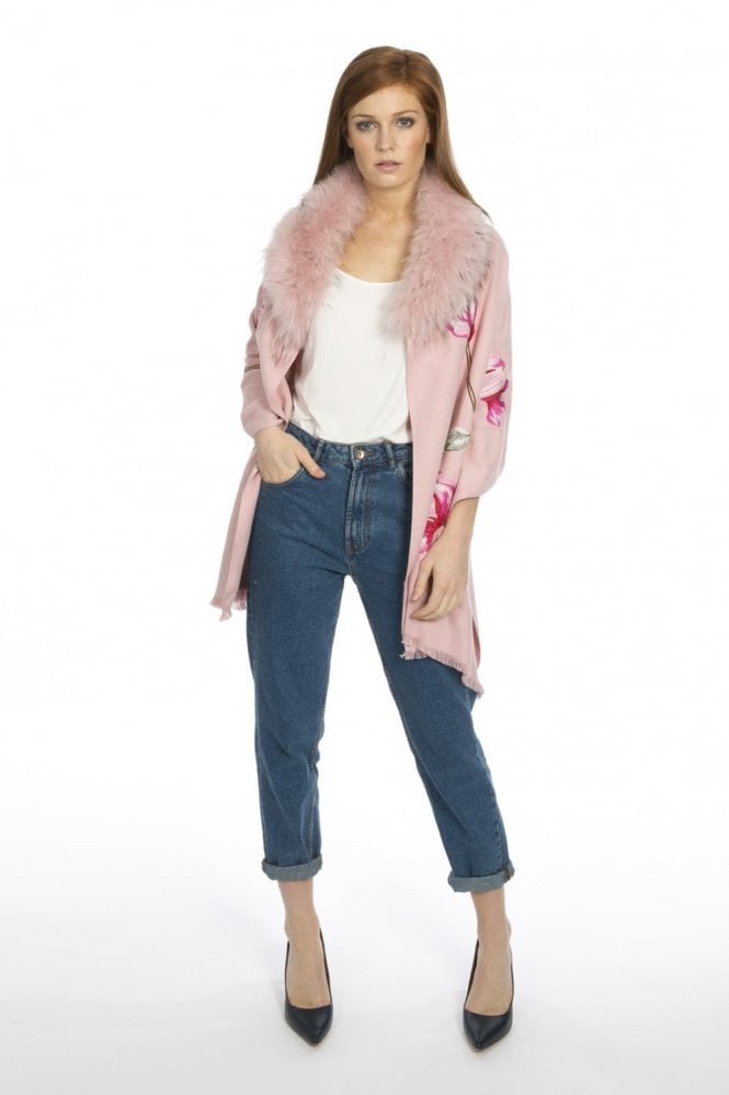JAYLEY Pink Cashmere Blend Detachable Fox Fur Collar Wrap