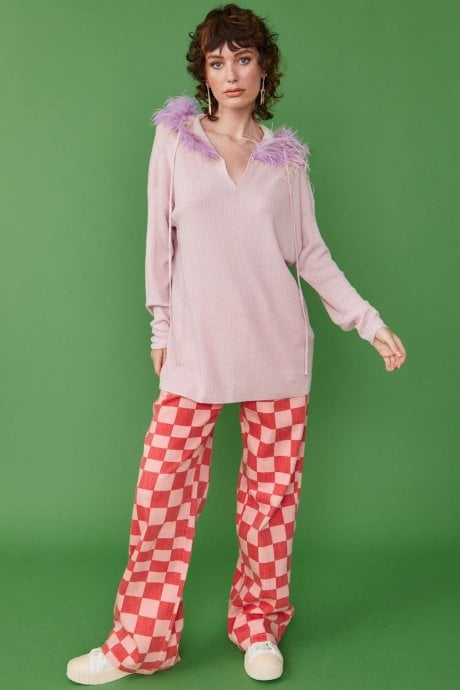 Pink Cashmere Blend Hooded Jumper with Feathered Hood