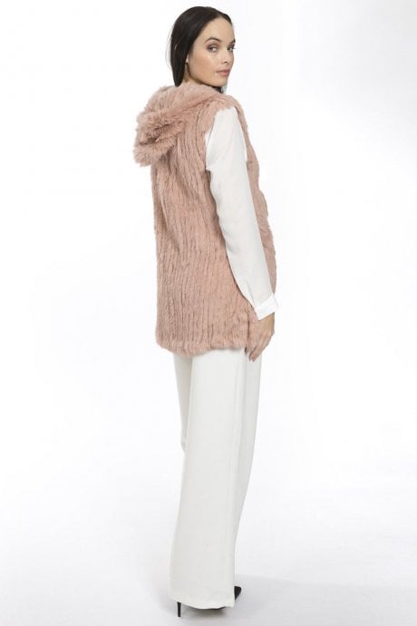 Pink Coney Fur Hooded Long Gilet