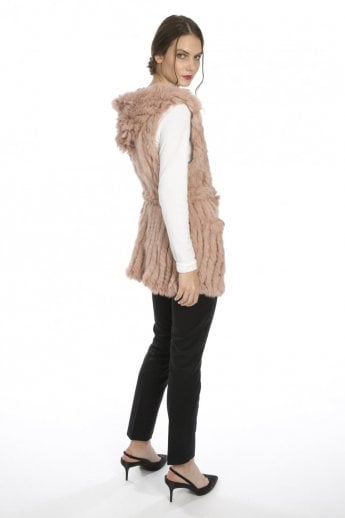 Pink Coney Fur Hooded Long Gilet