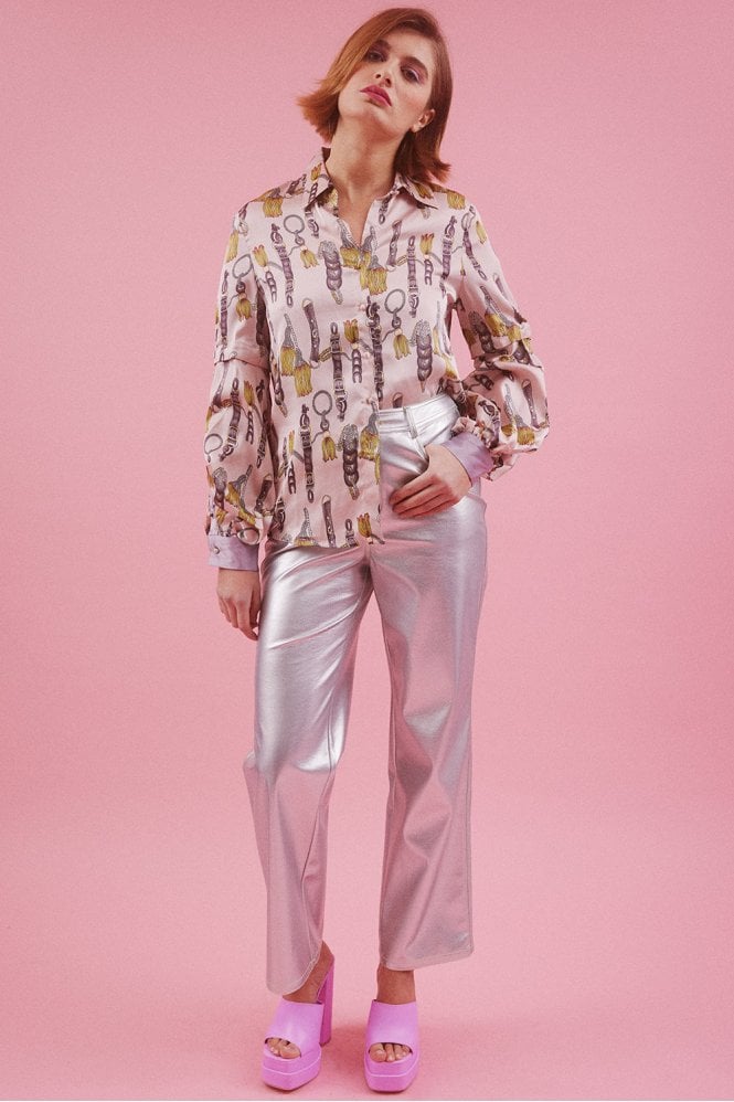 JAYLEY Pink Cotton Blend Belt Printed Shirt