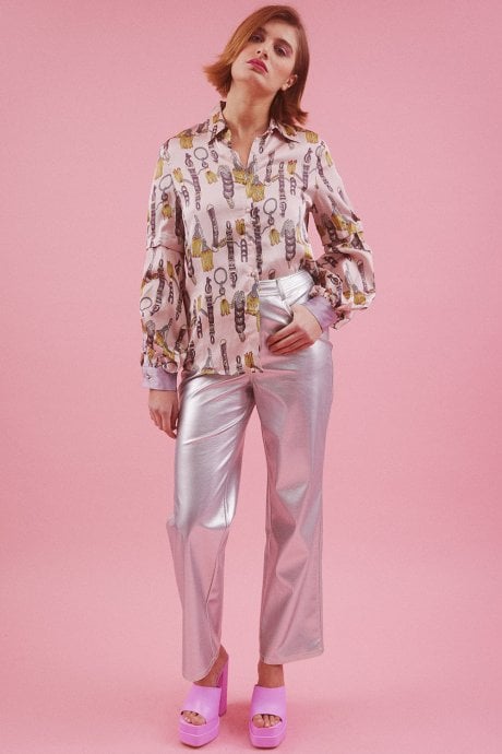 Pink Cotton Blend Belt Printed Shirt