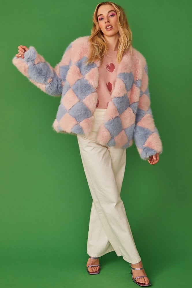 JAYLEY Pink Delilah Diamond Faux Fur Coat