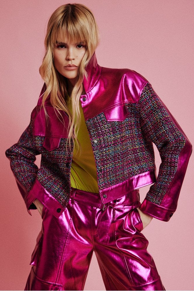 JAYLEY Pink Eco Metallic Faux Leather Cropped Jacket