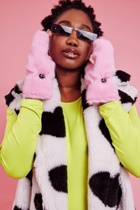 Pink Faux Fur Adjustable Fingerless Gloves