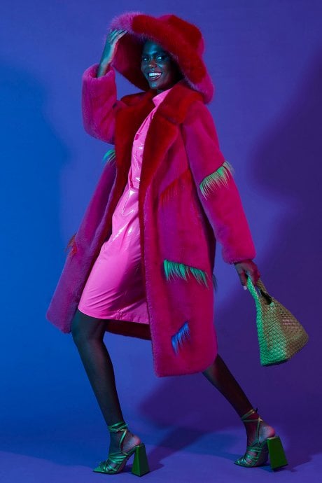 Pink Faux Fur Colour Clash Dazzle Coat