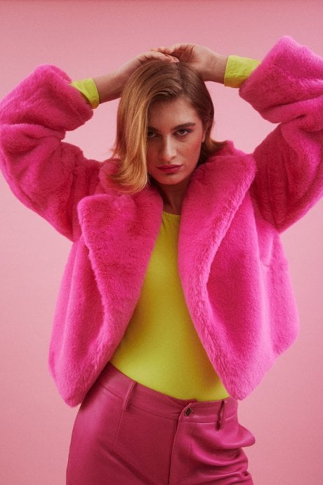 Pink Faux Fur Cropped Coat