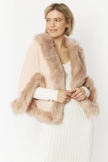 Pink Faux Fur Faux Suede Cape Jacket