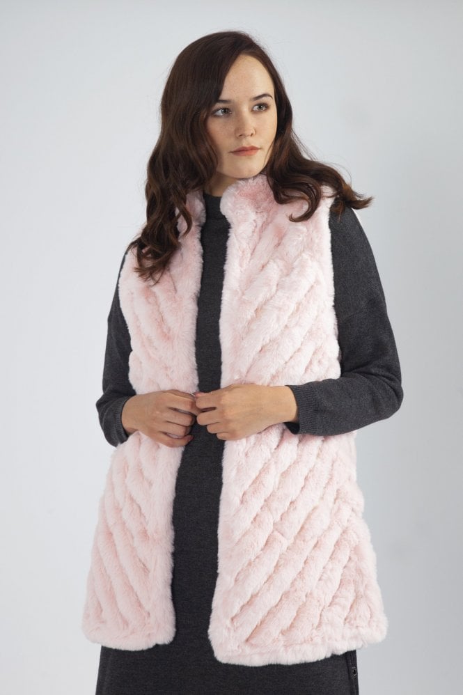 JAYLEY Pink Faux Fur Faux Suede Diagonal Striped Long Vest