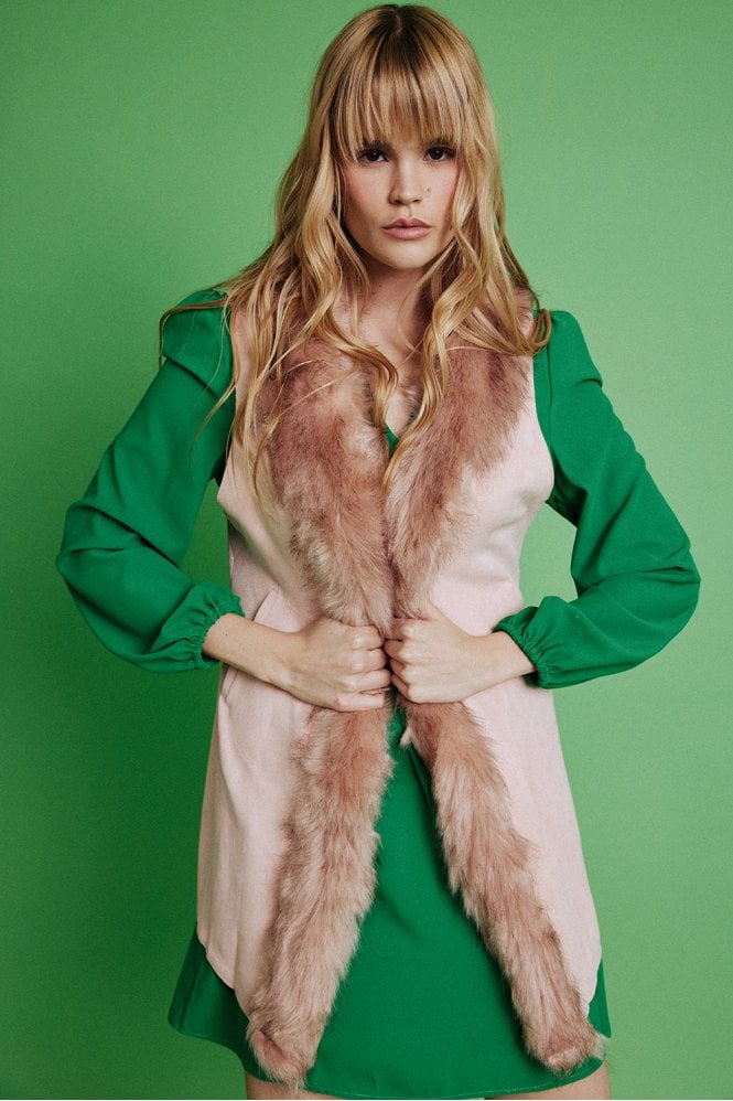 JAYLEY Pink Faux Fur Faux Suede Long Gilet