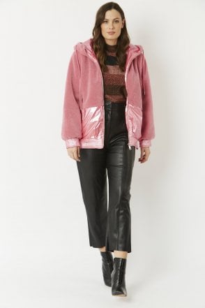 Pink Faux Fur Hooded Zip Jacket with Metallic Trim