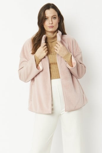 Pink Faux Fur Jacket with Leather Effect Sleeve