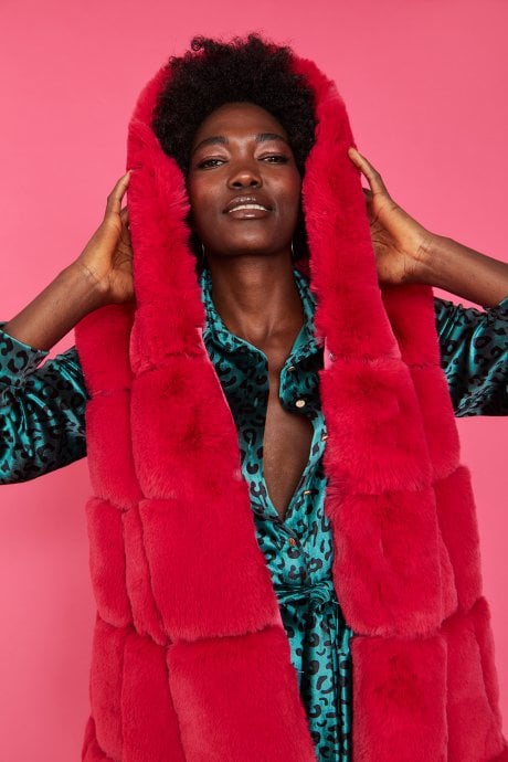 Pink Faux Fur Long Hooded Gilet | Waistcoat