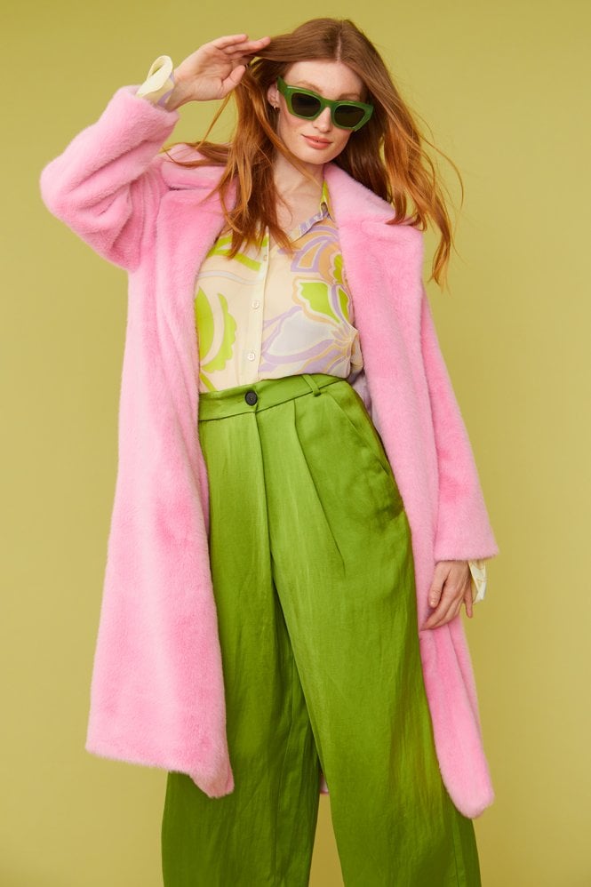 JAYLEY Pink Faux Fur Midi Coat