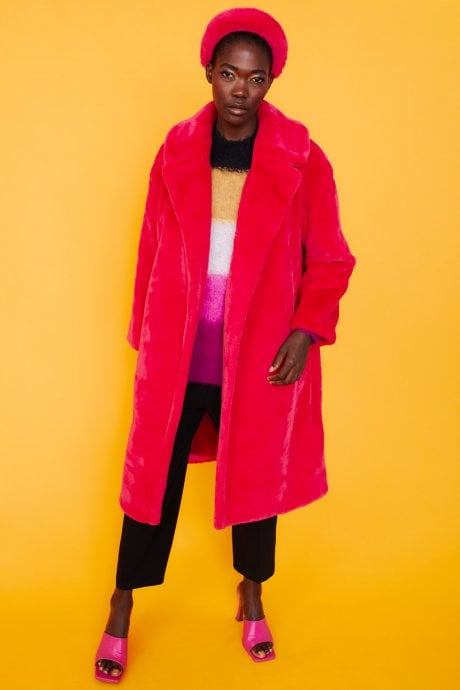 Pink Faux Fur Midi Shaved Shearling Coat