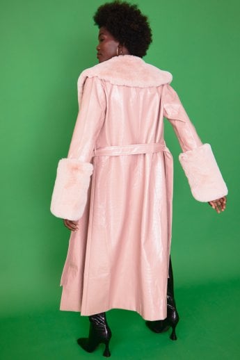Pink Faux Leather Jacket With Detachable Faux Fur Cuffs & Collar