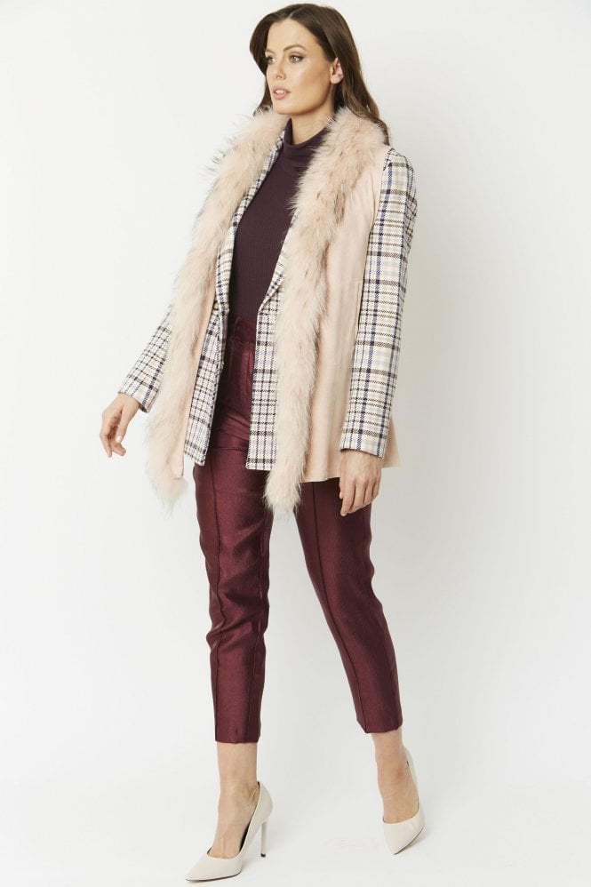 JAYLEY Pink Faux Suede and Fox Fur Gilet