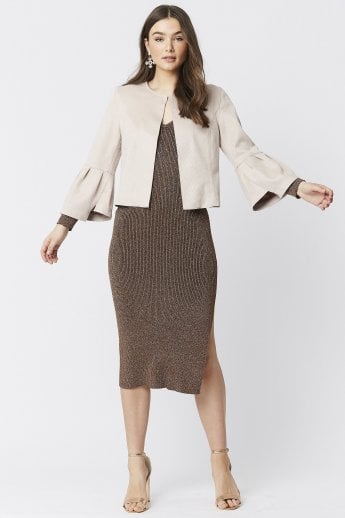 Pink Faux Suede Cropped Jacket With Frill Sleeve