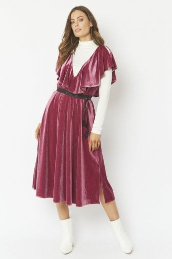 Pink Frill Front Velvet Skater Midi Dress