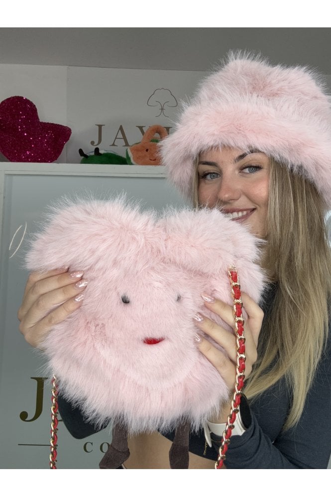 JAYLEY Pink Handmade Bamboo Faux Fur Heart Bag 
