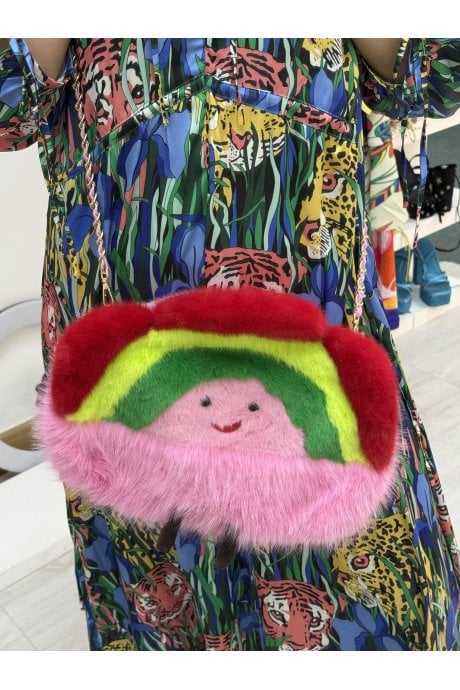 Cream Handmade Bamboo Faux Fur Rainbow Bag
