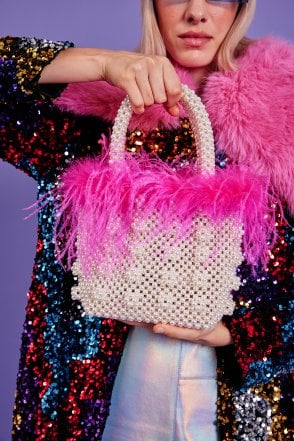 Pink Handmade Pearl Tote Bag with Feather Trim