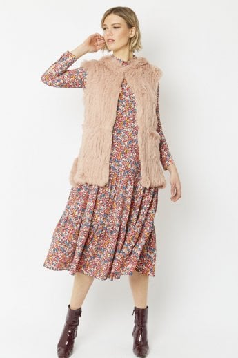 Pink Hooded Long Coney Fur Gilet