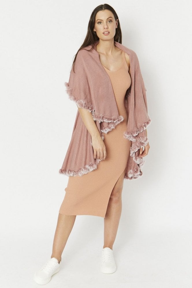 JAYLEY Pink Knitted Cape with Coney Fur Trim