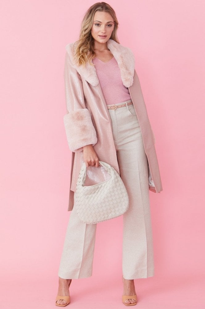 JAYLEY Pink Luxury Faux Leather Aubrey Coat With Detachable Faux Fur Cuffs & Collar