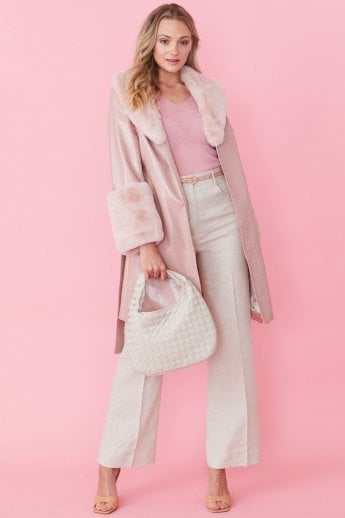 Pink Luxury Faux Leather Aubrey Coat With Detachable Faux Fur Cuffs & Collar