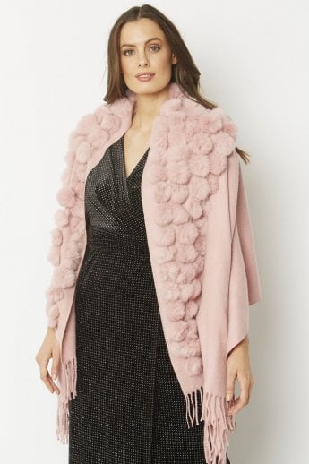 Pink Reversible Cashmere Coney Pom Pom Wrap With Pearls