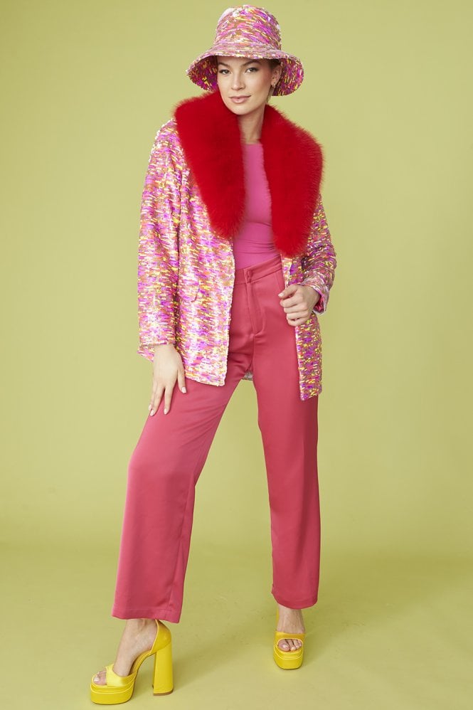 JAYLEY Pink Sequin Multi-Coloured Blazer with Red Faux Fur Collar