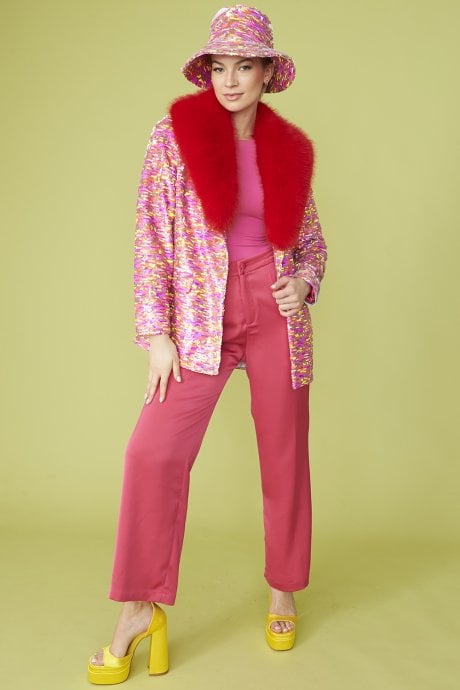 Pink Sequin Multi-Coloured Blazer with Red Faux Fur Collar
