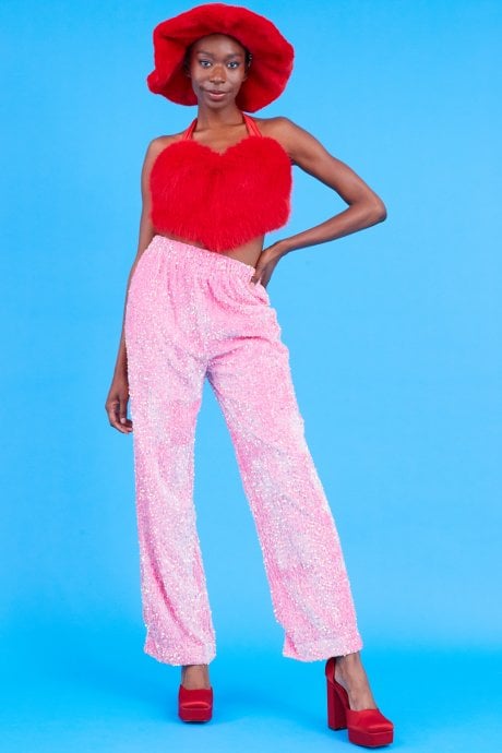 Pink Sequin Trousers with Elasticated Waste