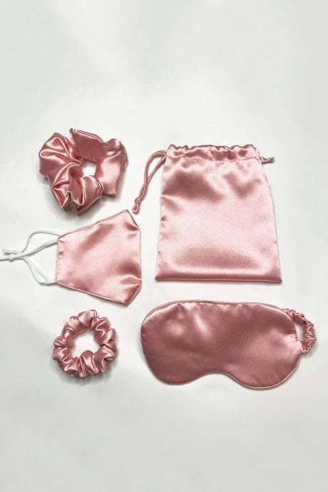 Pink Silk Blend Face Eye Mask Scrunchie Set
