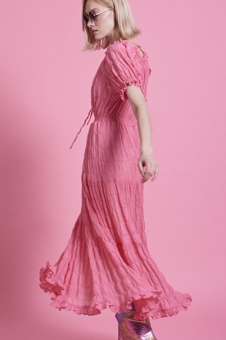 Pink Silk Blend Maxi Ruffle Dress
