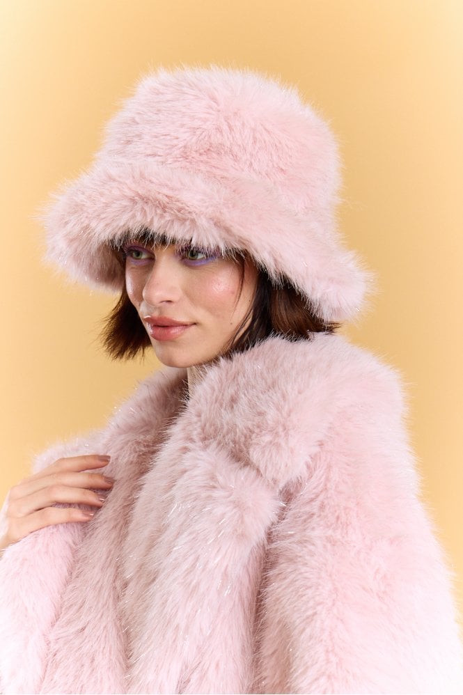 JAYLEY Pink Sparkle Metallic Bamboo Faux Fur Bucket Hat   