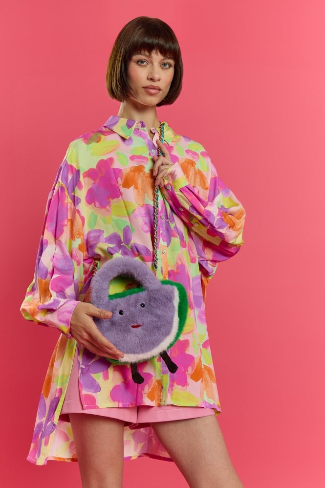 JAYLEY Purple and Green Handmade Water Melon Bamboo Fur Bag