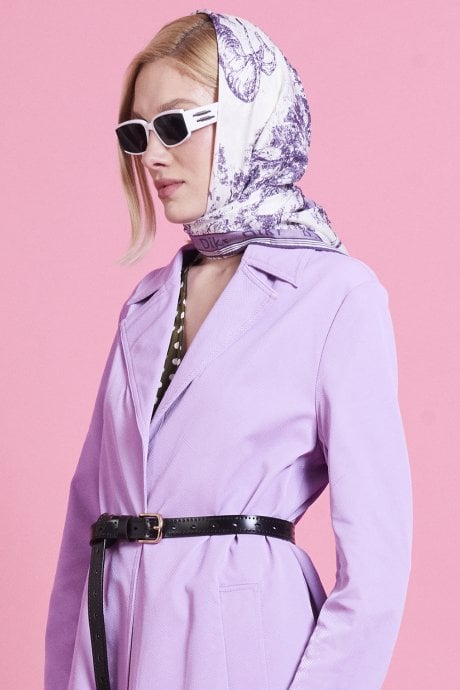 Purple and White Abstract Silk Scarf