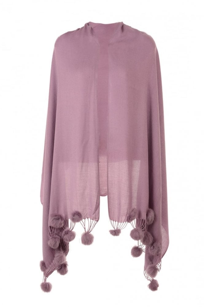 JAYLEY Purple Cashmere Wrap With Coney Fur Pom Poms
