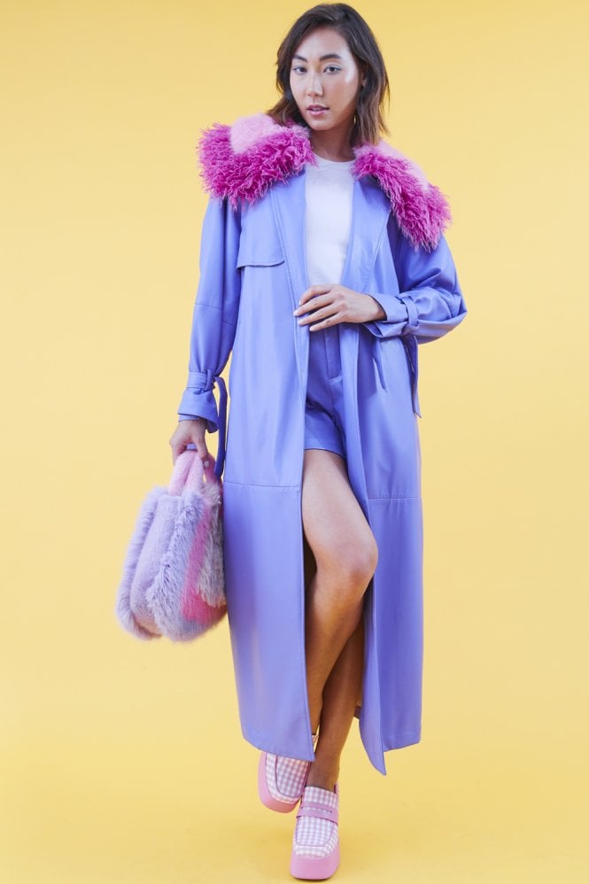 JAYLEY Purple Eco Leather Faux Fur Collar Trench Coat