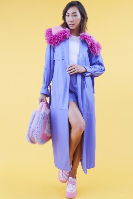 Purple Eco Leather Faux Fur Collar Trench Coat